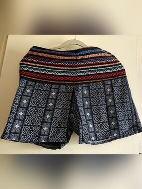 Embroidered Tribal Pattern Short With Front Flaps Navy with Multicolor Waistband